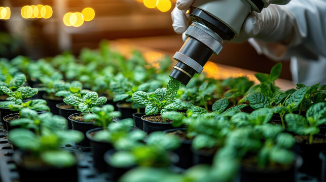 Robotic arms performing gene modification on plant cells in high-tech laboratory for agricultural advancement