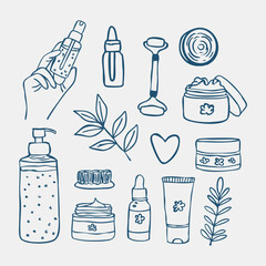 hand drawn doodle skincare routine. Skincare products icon. Vector illustration