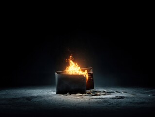 Burning wallet with cash on fire against a dark background symbolizing financial crisis, economic collapse, inflation, money loss, and overspending consequences