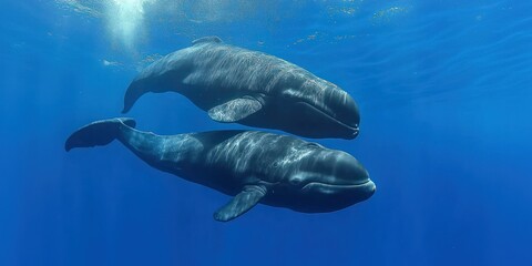 A pilot whale family playfully interacting in the open sea, their movements synchronized