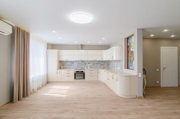 interior apartment kitchen and dining room, refectory area, cooking equipment, table furniture, stove