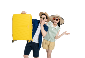 portrait of asian couple wearing travel clothes, carrying suitcases and posing on white background
