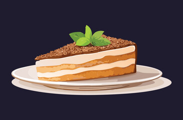 Slice of Tiramisu Cake on Plate - Vector Illustration