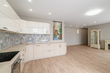 interior apartment kitchen and dining room, refectory area, cooking equipment, table furniture,...
