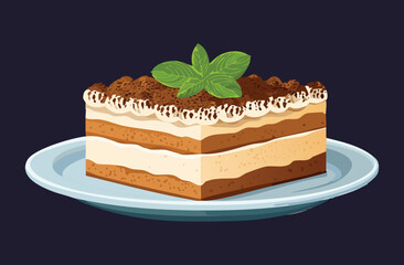 Dessert Tiramisu Cake on Plate - Vector Illustration