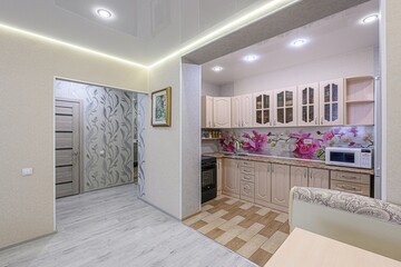 interior apartment kitchen and dining room, refectory area, cooking equipment, table furniture, stove
