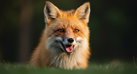Red fox, wild animal, resting in a grassy field, close-up portrait of a playful wild animal, wildlife photography in a natural setting.