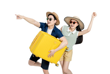 portrait of asian couple wearing travel clothes, carrying suitcases and posing on white background