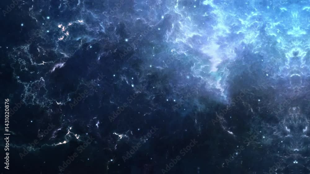 Poster flight through ethereal blue nebula and starfield animation. deep space visuals with moving gas clou