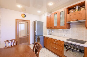 interior apartment kitchen and dining room, refectory area, cooking equipment, table furniture,...