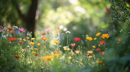 Vibrant Wildflower Meadow in Soft Sunlight: A Serene Garden Scene