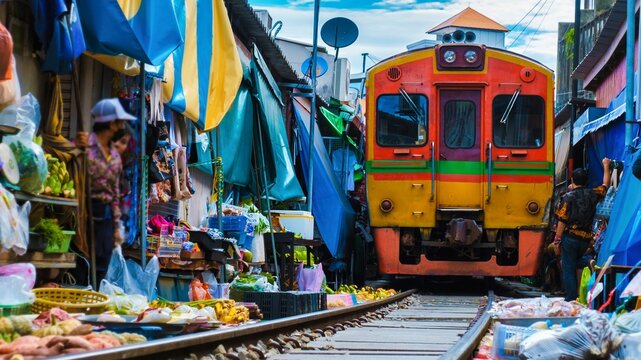 Vibrant atmosphere at Maeklong Railway Market in Bangkok as a slow-moving train weaves through lively stalls filled with fresh produce and colorful umbrellas. A unique cultural experience unfolds.