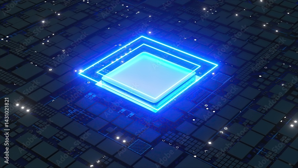 Poster circuit board with cpu. computer generated 3d render
