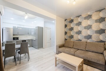 interior apartment kitchen and dining room, refectory area, cooking equipment, table furniture, stove