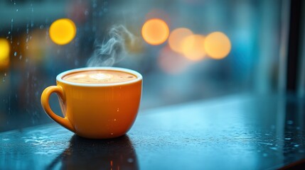 Obraz premium Warm coffee on rainy evening
