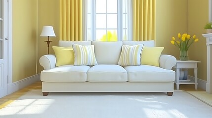 Cozy and bright living room interior with elegant white sofa arrangement