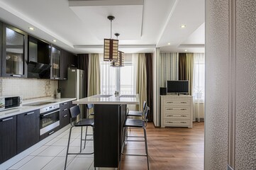 interior apartment kitchen and dining room, refectory area, cooking equipment, table furniture,...