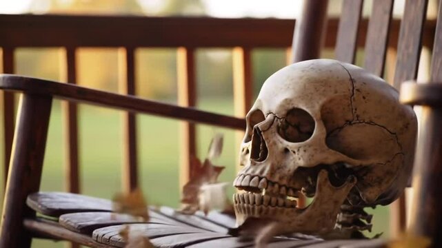 Old skeleton in a rocking chair on a porch gently rocking back and forth