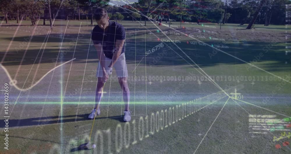 Poster golfer preparing swing on fairway, projecting technology graphs percentages binary code overlays
