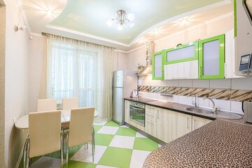 interior apartment kitchen and dining room, refectory area, cooking equipment, table furniture,...