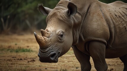 Fototapeta premium White rhino portrait in savanna. Possible use nature, wildlife