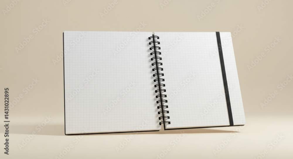 Poster open spiral-bound notebook with grid paper, black accents, studio setting. blank pages in a neutral 