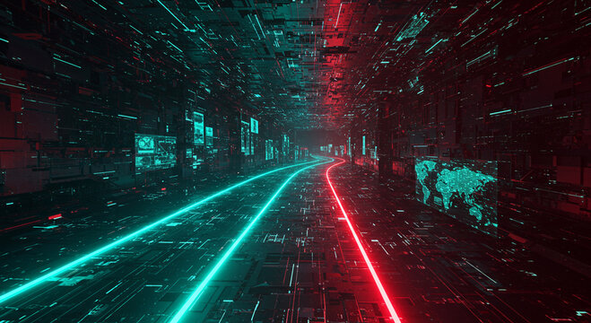 Futuristic city with neon glow, global network connection concept imagery