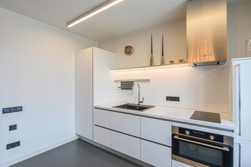 interior apartment kitchen and dining room, refectory area, cooking equipment, table furniture, stove