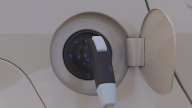 EV charger plug into electric car, digital display of power entering into car, Cutting edge innovation future EV car energy sustainability.