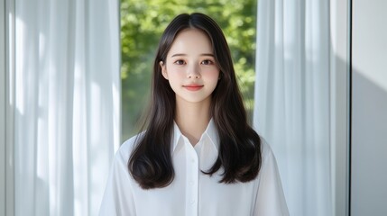 Young woman with straight brunette hair,  in a simple white button-up shirt,  posing against a window with sheer curtains