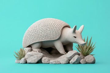 Obraz premium A stylized representation of a white armadillo on rocks.
