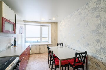 interior apartment kitchen and dining room, refectory area, cooking equipment, table furniture,...