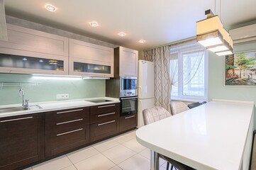 interior apartment kitchen and dining room, refectory area, cooking equipment, table furniture, stove