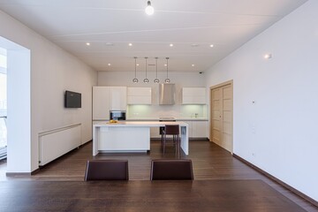 interior apartment kitchen and dining room, refectory area, cooking equipment, table furniture,...