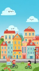 Fototapeta premium Sunlit Streets: A Cheerful Cartoon Cityscape Under the Bright Day Sky