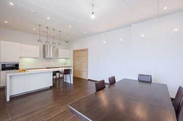 interior apartment kitchen and dining room, refectory area, cooking equipment, table furniture,...