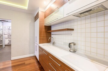 interior apartment kitchen and dining room, refectory area, cooking equipment, table furniture,...