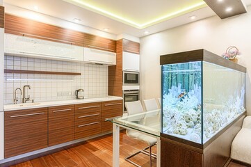 interior apartment kitchen and dining room, refectory area, cooking equipment, table furniture,...