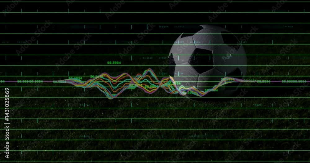 Poster soccer ball rolling across grass pitch under neon grid overlay, showing waveform lines in 3d render