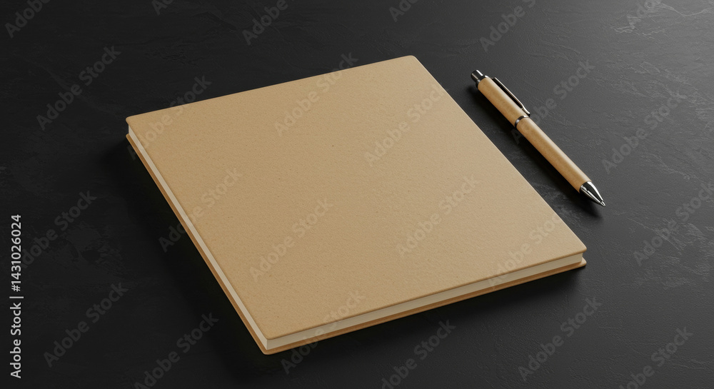 Poster beige notebook and pen on dark surface. blank notebook and pen resting on a dark, textured surface. 