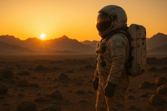 Astronaut standing on Martian plain at golden sunset. AI-generated