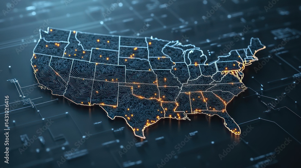 Poster us map with digital circuit background