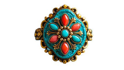 Ornate ring with turquoise coral and gold detailing on black background