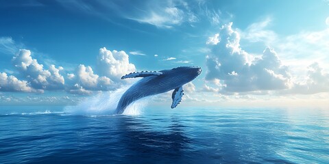 Fototapeta premium Humpback whale breaching high from deep blue ocean, water cascading off its body against clear sky with fluffy clouds, dynamic daylight action shot. 