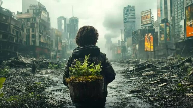 Young boy carrying plant is walking in destroyed city after war or disaster
