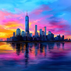 Fototapeta premium Pink and Purple City Sunset Reflection