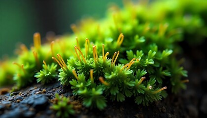 Vibrant Close-Up of Green Moss with Orange Spores in Nature