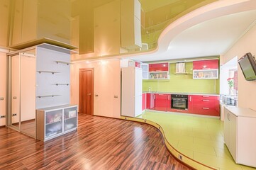 interior apartment kitchen and dining room, refectory area, cooking equipment, table furniture,...
