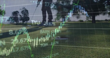 Senior golfer lining up putt on green, overlaying stock candlestick charts with percentage figures - Powered by Adobe