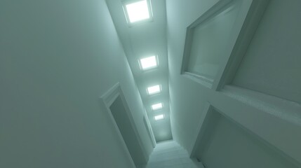Obraz premium Surreal perspective of a stark white corridor with luminous ceiling panels